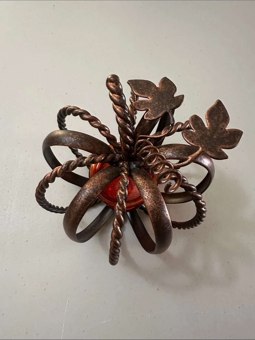 Pier 1 Bronze-Tone Twisted Metal Pumpkin Candle Holder with Amber Glass
